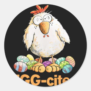 Pegatina Redonda Diseño de pollo de Pascua divertido y emocionado _