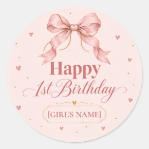 Pegatina Redonda Diseño de primer cumpleaños con lazo rosa polvorie