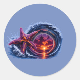 Pegatina Redonda Diseño de puesta de sol de ola del océano de estre