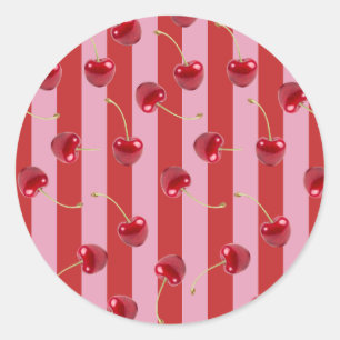 Pegatina Redonda Diseño de raya roja y rosa con cerezas