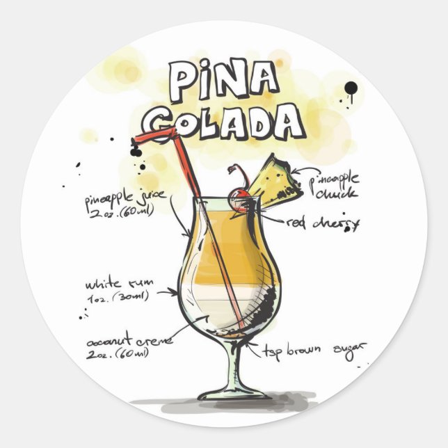 Pegatina Redonda Diseño de Receta de Bebidas de Pina Colada (Anverso)