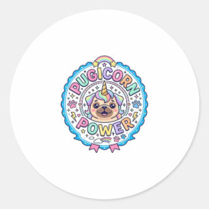 Pegatina Redonda Diseño de regalo divertido y lindo poder Pugicorn 