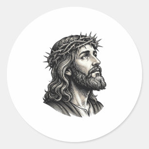 Pegatina Redonda Diseño de retrato de corona de espinas de grabado 
