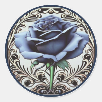 Pegatina Redonda Diseño de rosa azul elegante Art Nouveau