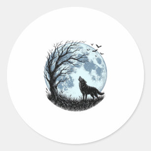 Pegatina Redonda Diseño de silueta de árbol de luna aullando lobo v