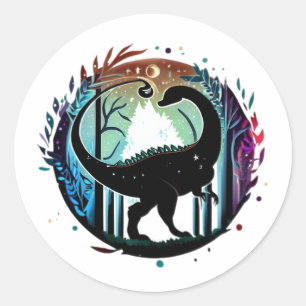 Pegatina Redonda Diseño de silueta de bosque de dinosaurios estegos