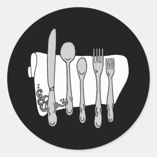 Pegatina Redonda Diseño de Siverware en blanco y negro