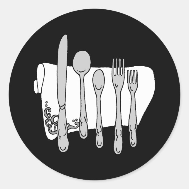 Pegatina Redonda Diseño de Siverware en blanco y negro (Anverso)