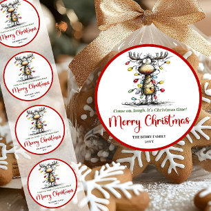 Pegatina Redonda Diseño de sticker navideño caprichoso de reno dive