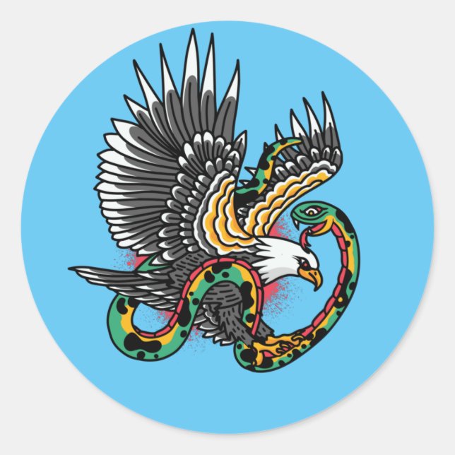 Pegatina Redonda Diseño de Tatuaje de Águila vs Serpiente (Anverso)