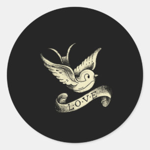 Pegatina Redonda Diseño de tatuaje vintage de gorrión de amor