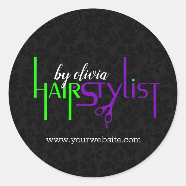 Pegatina Redonda Diseño de texto verde y púrpura (Anverso)