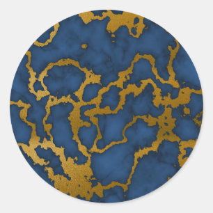 Pegatina Redonda Diseño de textura de mármol azul y oro oscuro real