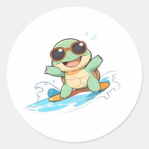 Pegatina Redonda Diseño de tortuga surfista Chibi linda para verano