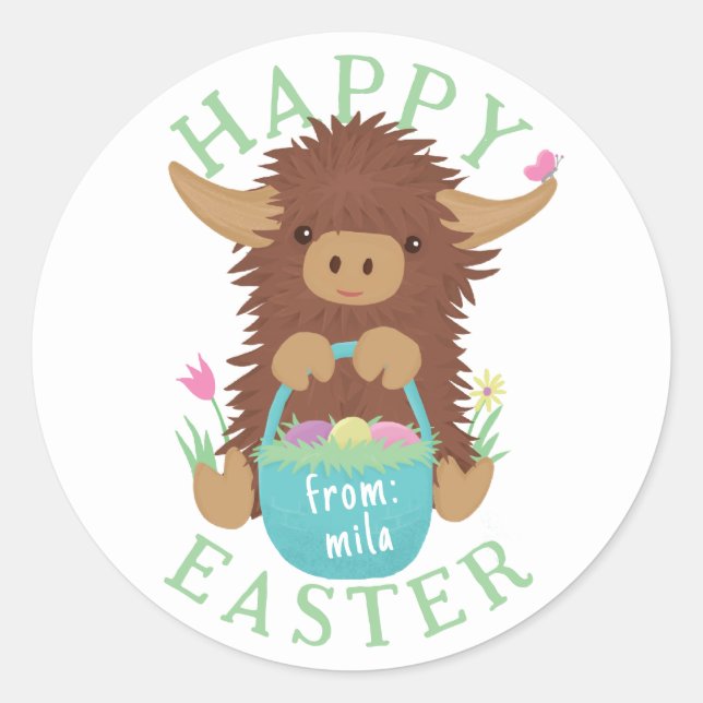 Pegatina Redonda Diseño de una cesta de pascua de vaca de la región (Anverso)