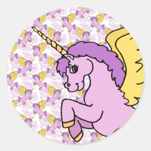 Pegatina Redonda Diseño de unicornio morado y rosa