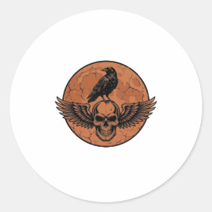 Pegatina Redonda Diseño de vector de luna naranja de cráneo alado d