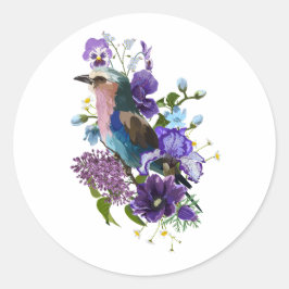 Pegatina Redonda Diseño de verano con flores de pájaro y violeta.