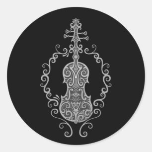 Pegatina Redonda Diseño de violín gris intrincado en negro