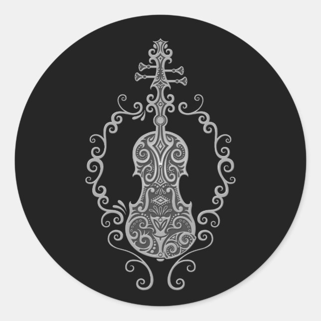 Pegatina Redonda Diseño de violín gris intrincado en negro (Anverso)