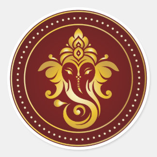 Pegatina Redonda Diseño decorativo hindú granate Ganesha dorado