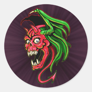 Pegatina Redonda Diseño del cráneo del diablo alado