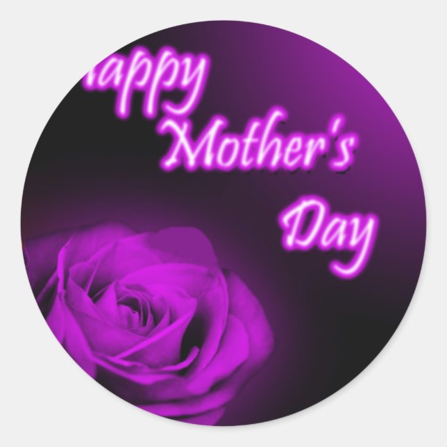 Pegatina Redonda Diseño del Día de la Madre Feliz Rosa Púrpura (Anverso)