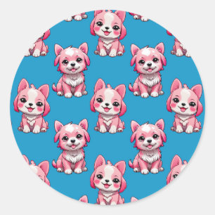 Pegatina Redonda Diseño del patrón de perro de cachorro rosa - azul