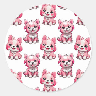 Pegatina Redonda Diseño del patrón de perro de cachorro rosa - blan