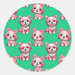 Pegatina Redonda Diseño del patrón de perro de cachorro rosa - verd
