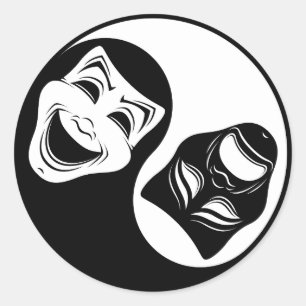 Pegatina Redonda Diseño del teatro Yin Yang - Máscaras de comedia y