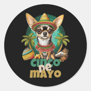Pegatina Redonda Diseño Divertido de Perro para Cinco De Mayo Chihu