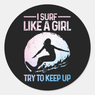 Pegatina Redonda Diseño divertido de surfista para mujeres como una