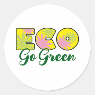 Pegatina Redonda Diseño Ecológico Retro Ve a Verde