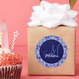 Pegatina Redonda Diseño elegante azul grisáceo inicial monogramado