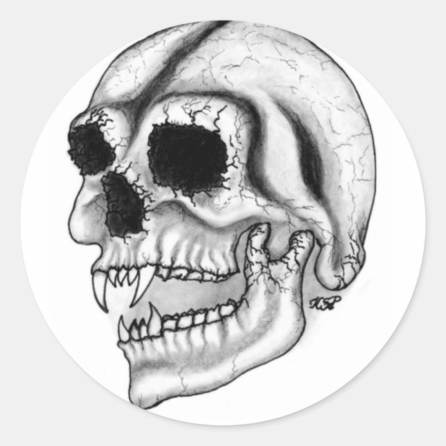 Pegatina Redonda Diseño en blanco y negro del cráneo de vampiros (Anverso)