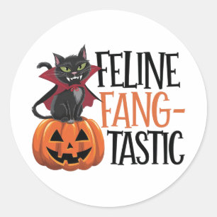 Pegatina Redonda Diseño felino de un gato de vampiros de Halloween