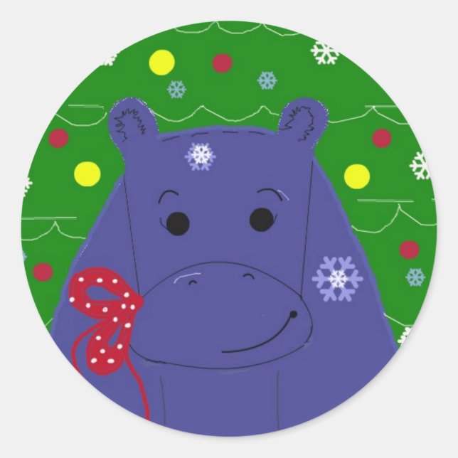 Pegatina Redonda Diseño Feliz Hipopótamo Navidad (Anverso)