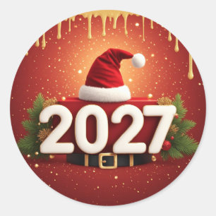 Pegatina Redonda Diseño festivo de año nuevo 2027   Navidad dorada 