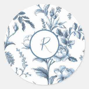 Pegatina Redonda Diseño floral azul y blanco