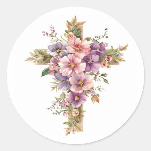 Pegatina Redonda Diseño floral de cruz católica religioso cristiano