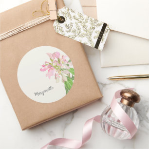 Pegatina Redonda Diseño floral de orquídea rosa: arte botánico eleg