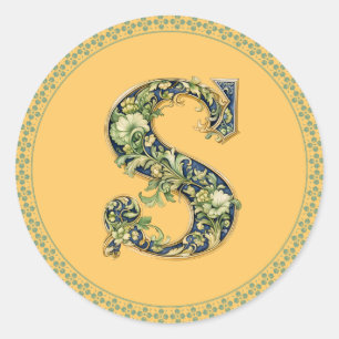Pegatina Redonda Diseño floral monograma S, generado por A-1,