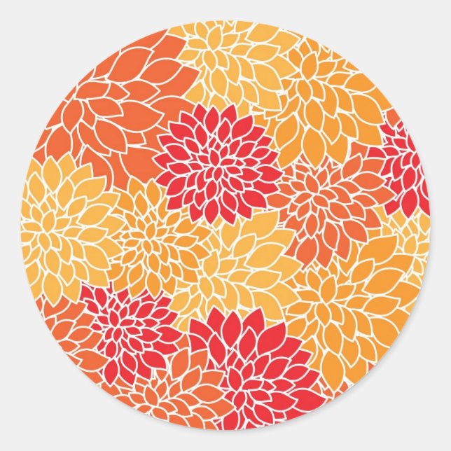 Pegatina Redonda Diseño floral oriental rojo y Naranja (Anverso)