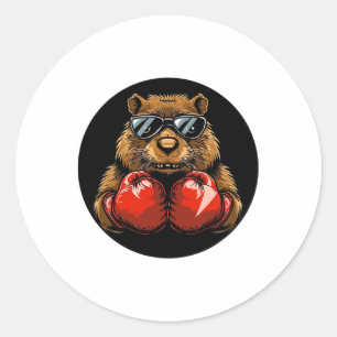 Pegatina Redonda Diseño genial de castor de boxeo para un estilo de