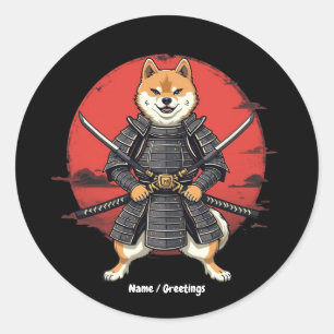 Pegatina Redonda Diseño gráfico de arte japonés Shiba Inu Samurai