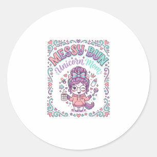 Pegatina Redonda Diseño gráfico de estilo retro de mamá unicornio c
