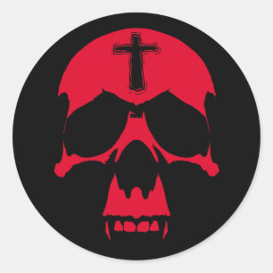 Pegatina Redonda Diseño gráfico gótico del cráneo rojo del demonio