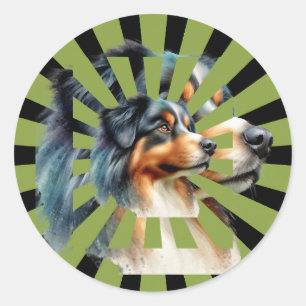 Pegatina Redonda Diseño gráfico ráfaga de sol Border Collie retro