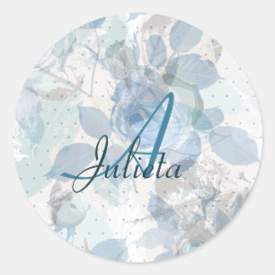 Pegatina Redonda Diseño gruñón de Rosas azul monograma